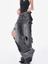 夏用 アメリカンスタイルのフリンジデニムパンツ【ハイウエスト・ゆったりワイドレッグ・ロング丈】