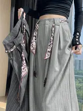 ストライプデザインのハイウエストワイドパンツ【シルクスカーフ付き・秋春用・上品なドレープ感】（セットアップ対応）