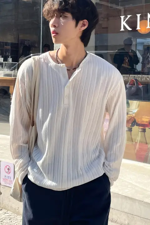 白色ヘンリーネックボーダー編み長袖Tシャツ【シンプルデザイン・防晒対応・男性用】