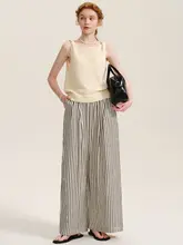 DESIGNER PLUS レトロストライプ ルーズフィットハイウエストワイドパンツ【軽量・スタイル】