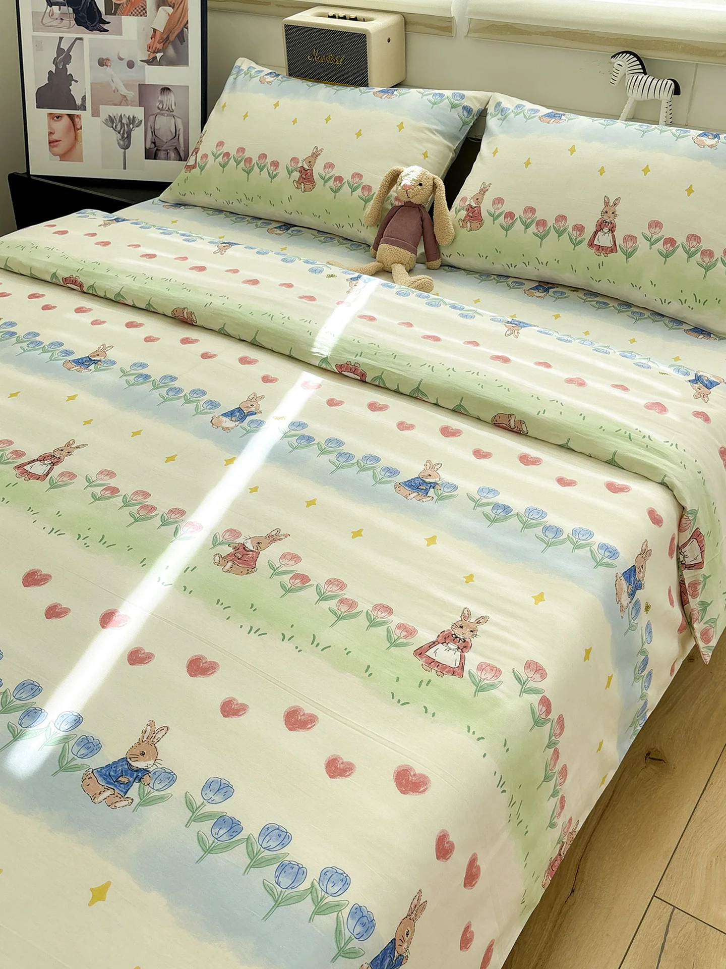 茶園うさぎデザインの純綿四点セット：四季通用のベッドシーツカバーに最適な実用性とは