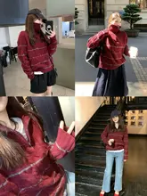 小冰bella アンゴラ混合 ロングセーター【赤白ストライプ・高襟・全羊毛】