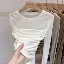 シフォン素材のラウンドネック長袖Tシャツ【春用・女性用・スリムフィット】