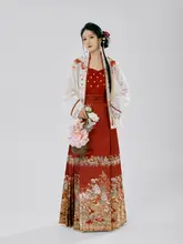 華やかなデザインの馬面スカート【明朝風・紅色・半身スカート】（セットアップ対応）