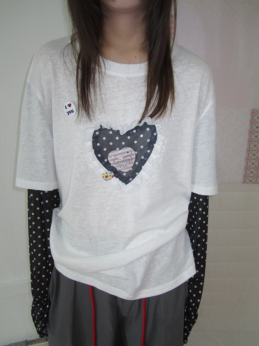 ハート刺繍のゆったりシャツ【フェイクレイヤード・韓国デザイン・重ね着風】