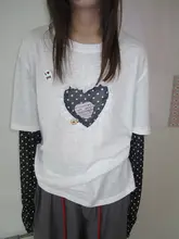 ハート刺繍のゆったりシャツ【フェイクレイヤード・韓国デザイン・重ね着風】
