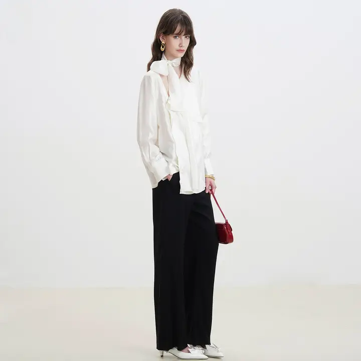 真丝飘带付きルーズシャツ【フランススタイル・ファッショナブル・オールマイティ】