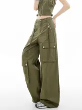ミリタリーグリーンのワークパンツ【レディース・ゆったりストレート・デザイン性のあるワイドレッグ】（セットアップ対応）