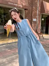 夏用 無袖ブルーオールインワン【極上の柔らかさ・ワイドレッグ・トレンドデザイン】（セットアップ対応）