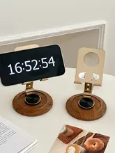 レトロな木目デザインの折りたたみ式スマホスタンド【360度回転・持ち運び便利】