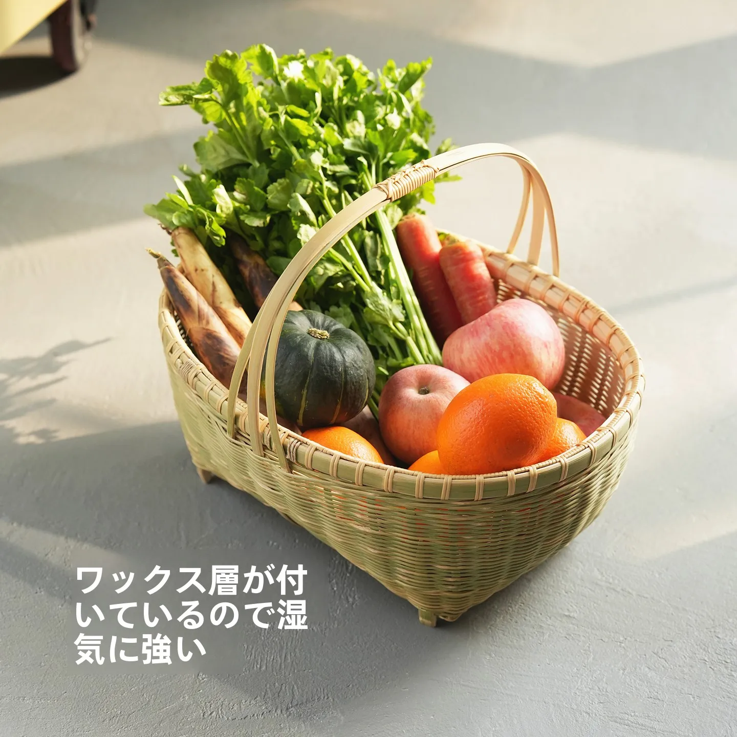 竹製カゴバスケット：自然派デザインの通気性と持ち手付きピクニック用バスケット