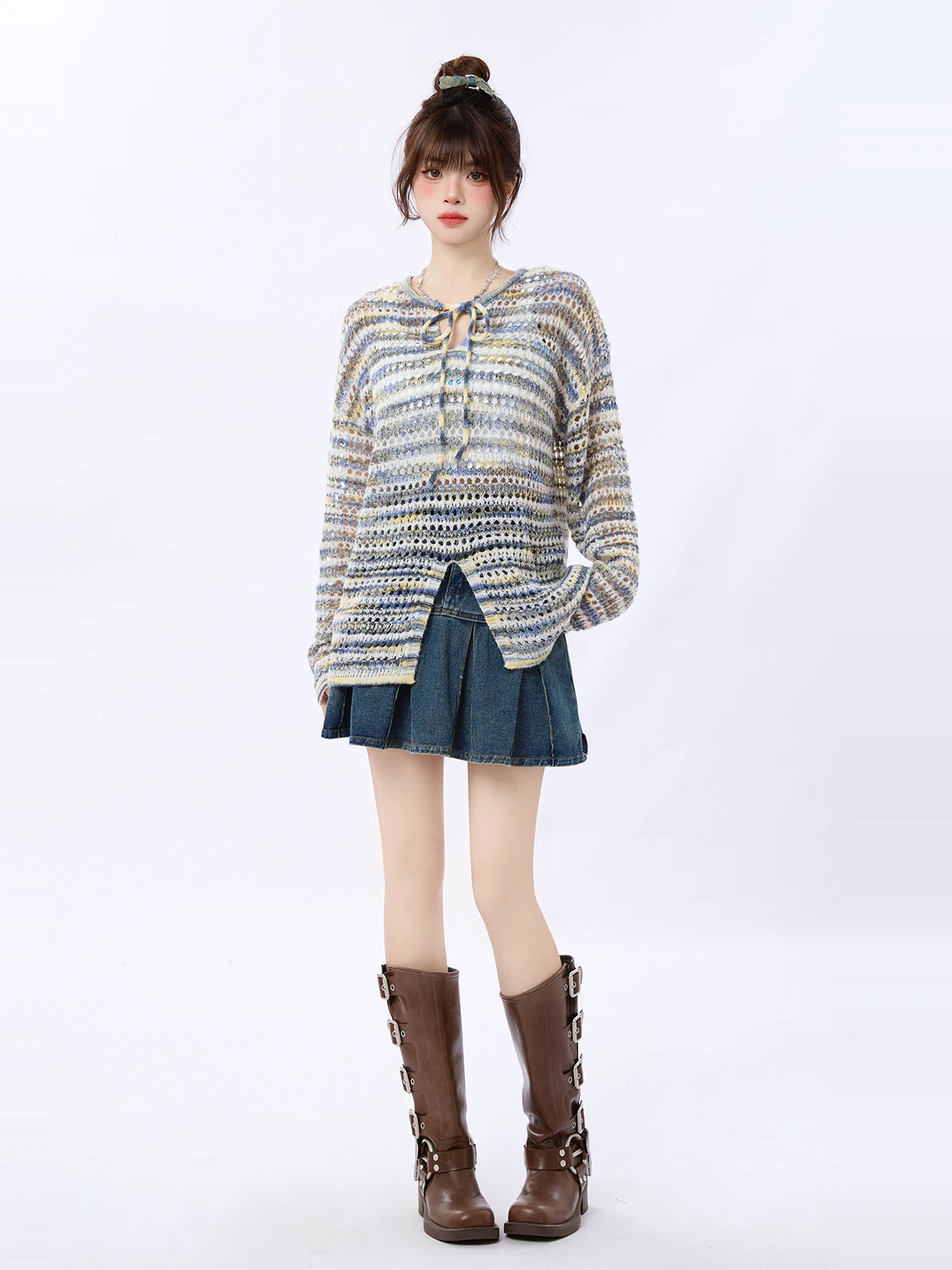 涼しさとおしゃれを両立！透かし編みの長袖ニットトップス【女性用・春夏向け・紫】