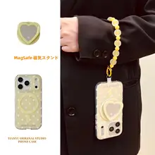 愛らしいハート形マグネットスマホスタンド【ミルクイエロー・ドット柄・iPhone対応】