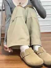 ハイウエストカーキ色ストレートデニムパンツ【春秋用・ゆったりしたシルエット】