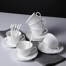 欧風浮彫りデザインのコーヒーカップ＆ソーサーセット【創意陶器・朝食用ミルクカップ・スプ  ーンスタンド付き】