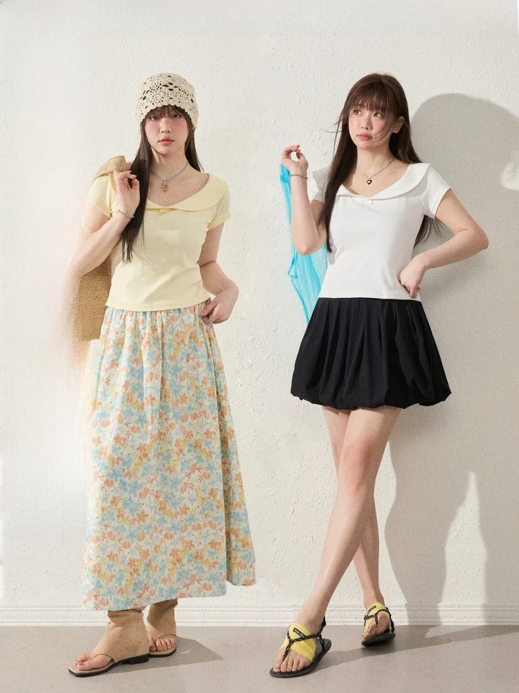 可愛いデイジープリントの夏用フィットTシャツ【ダブルカラー・ドルマンスリーブ・大きいサイズ対応】