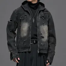 デニムジャケット メンズ ショート丈 ダメージ加工 ウォッシュ加工 ヴィンテージ ダーク系 ストリート 秋冬