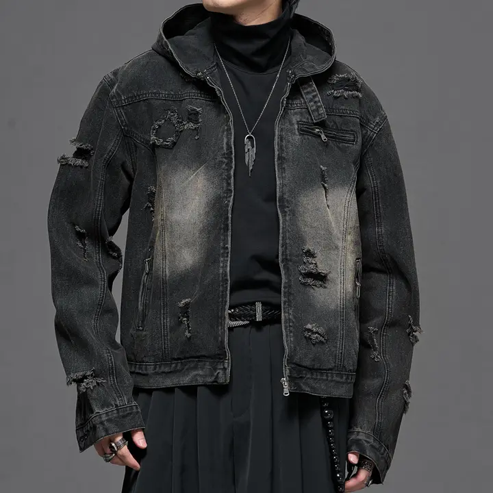 デニムジャケット メンズ ショート丈 ダメージ加工 ウォッシュ加工 ヴィンテージ ダーク系 ストリート 秋冬