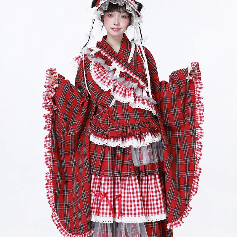 昭和風レトロデザインの可愛い和風少女用トップス：赤チェック柄の防紫外線系带浴衣