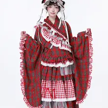 昭和風レトロデザインの可愛い和風少女用トップス【赤チェック・改良版着物浴衣】