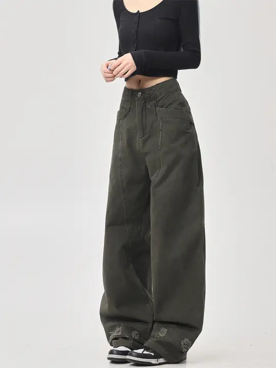 デザインが引き立つハイウエストデニムパンツ【ストレート・クラッシュ加工・カジュアル・小柄向け】