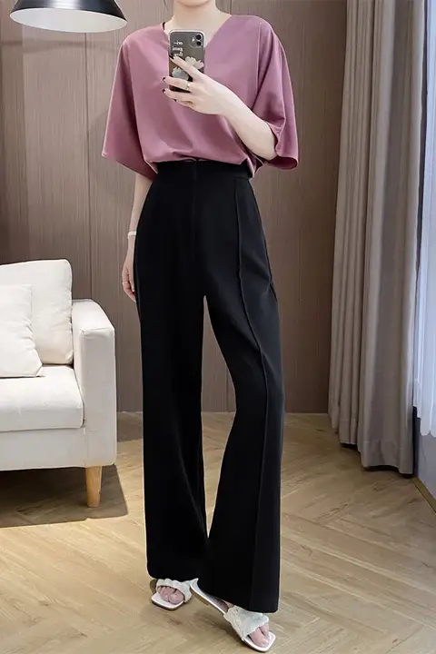 焦糖色のストレートパンツ【高腰・ゆったりシルエット・カジュアル】（セットアップ対応）