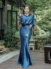 高見えフィッシュテールスカート【シルク100%、ブルー、コーディネートしやすい】