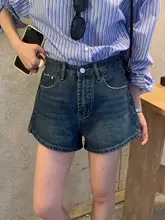 ハイウエストデニムショートパンツ【韓国風・レトロデザイン・春夏用】（セットアップ対応）