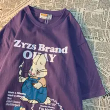 アメリカンレトロな楽しいウサギプリント半袖Tシャツ