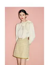 MandyZhang 長袖デザインカラーシャツ【立ち襟・スリーブ付き・秋用・イエロー】