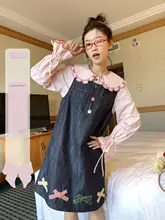 立体花モチーフ付きデニムサロペットワンピース【春向け・リボンデザイン】