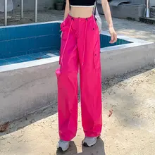 ブラックドローストリングパラシュートパンツ【ハイウエスト・ゆったりストレート・カジュアル】