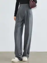 グレーのストレートスーツパンツ【高腰・フィット・レディース】