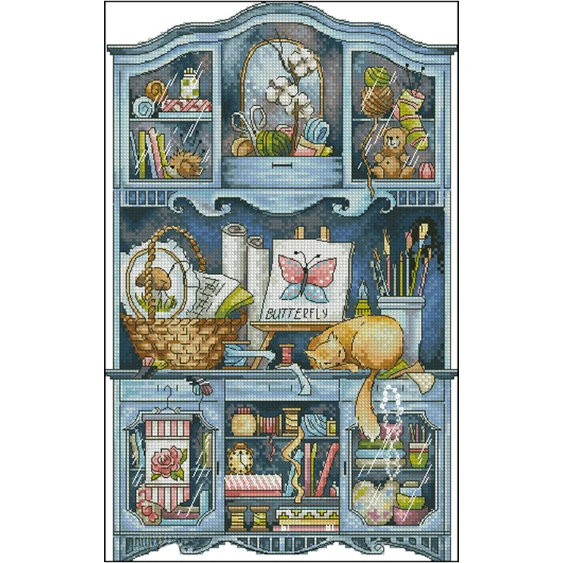 青い手作りの小型キャビネット：クロスステッチプリントで現代風の収納を実現