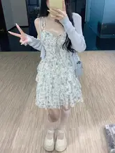 フランス風ブルー花柄キャミソールミニスカート【シフォン・ケーキドレス・夏用】（セットアップ対応）