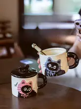 可愛い猫デザインの陶製マグカップ【フタとスプーン付き・ギフトに最適】