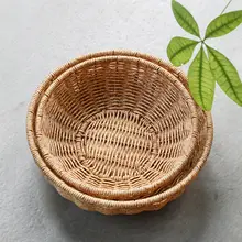 Kens 手作り風藤編みフルーツバスケット【円形・収納用・家庭用】