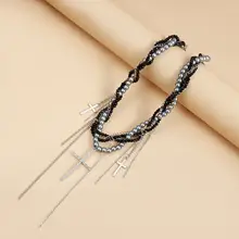 多層チェーン風パール巻きフリンジ吊り下げネックレス【クロスデザイン・セクシーな鎖骨チェーン】