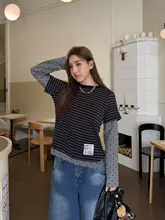 ストライプとドットのデザイン！レディース長袖Tシャツ【春用・クルーネック・おしゃれな重ね着風】