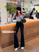 脚長効果！厚手フリースの暖かいフィット感ボトムス【ハイウエスト・ブラックグレー・微喇叭デザイン】