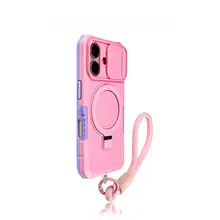 ピンクのマグネット支架付きiPhone用ケース【衝撃吸収・高級感・プル式レンズ】（セットアップ対応）
