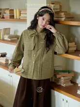 刺繍チェック柄のリボン付きブラウス【女性用・フレンチスタイル】