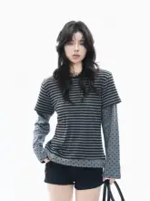 トップス レディース 長袖Tシャツ フェイクレイヤード ストライプ 水玉 パッチワーク ヴィンテージ Y2K