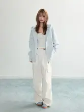花柄フーディコート【ブルー・オーバーサイズ・ジップアップ】