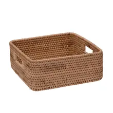 北欧風 レトロデザインの天然木製収納ボックス【ラタン編み・化粧品・文具整理用】