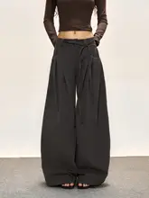 ウィメンズ春秋用ワイドレッグパンツ【ドレープ加工・ウエストひも・ポケット付き・フィット】（セットアップ対応）