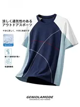 Tシャツ メンズ クルーネック パッチワーク カラーブロック ルーズ ストリート アウトドア 夏 「GENIOLAMODE」
