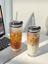 大容量 蓋付きストローグラス【透明・コーヒー用・オフィス向け】