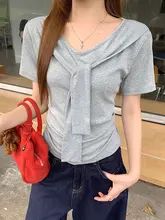 デザイン性のある美しいウエスト絞りのティーシャツ【フ レンチスタイル・肩掛けデザイン・夏用】（セットアップ対応）