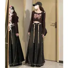 レディース ヴィンテージ風 ディストーションデニム マキシスカート【高腰・Aライン・春秋用】